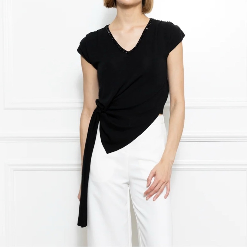 Black V-Neck Side-Tie Blouse